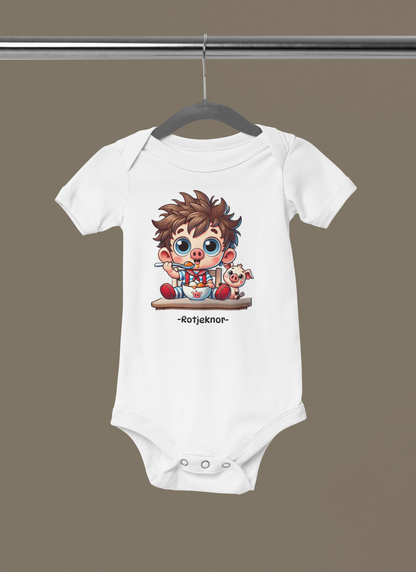  Rotjeknor-rompertje: Rotjeknor aan het eten! wit