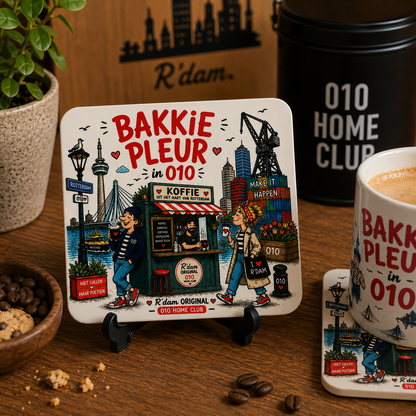 Rotterdam onderzetter met bijpassende mok in warme koffiehoek setting
