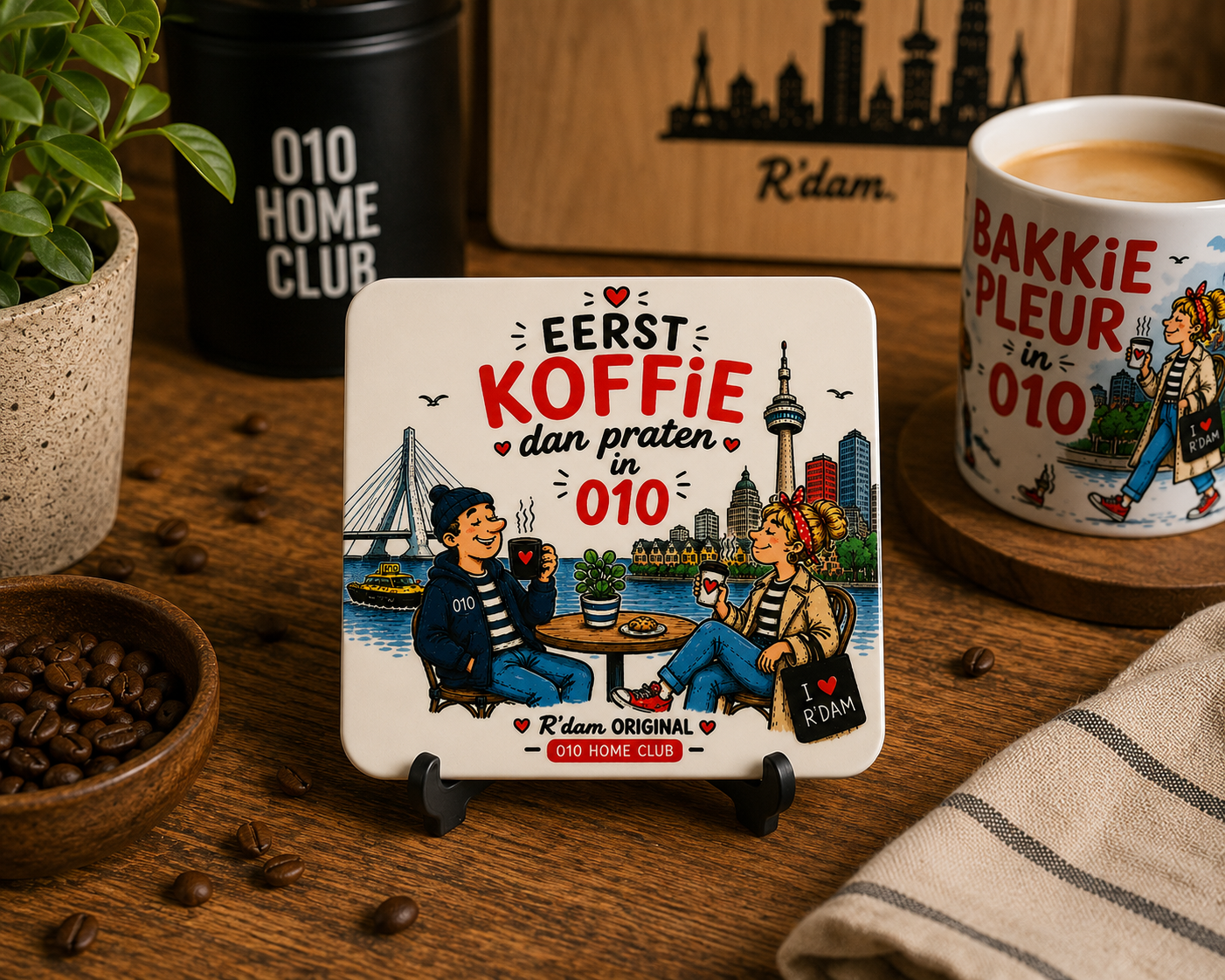 Rotterdam onderzetter met bijpassende mok in warme koffiehoek setting