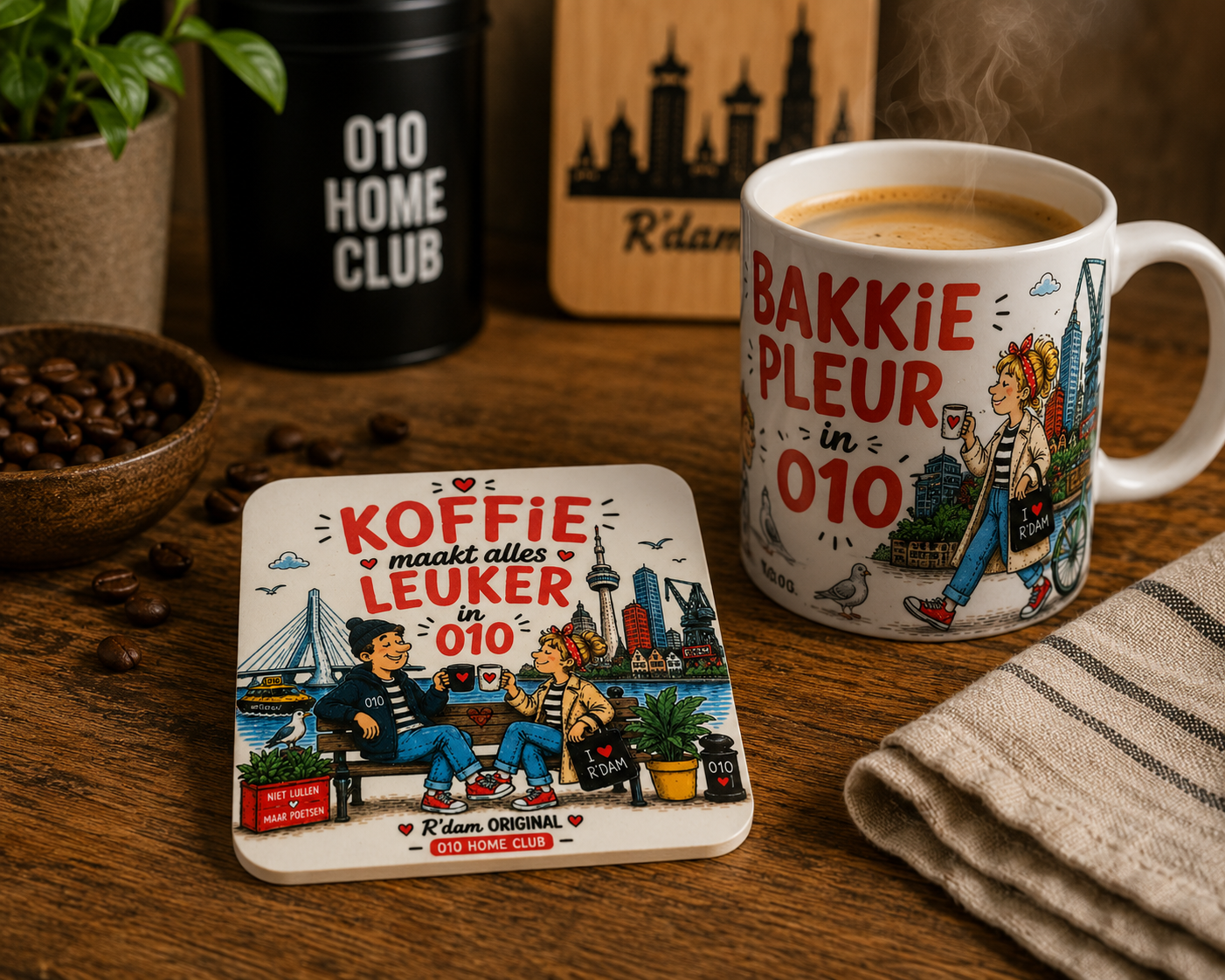 Rotterdam onderzetter met bijpassende mok in warme koffiehoek setting