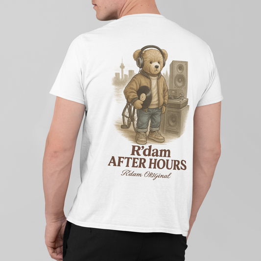 Witte R’dam After Hours tee met DJ beer print op de rug”