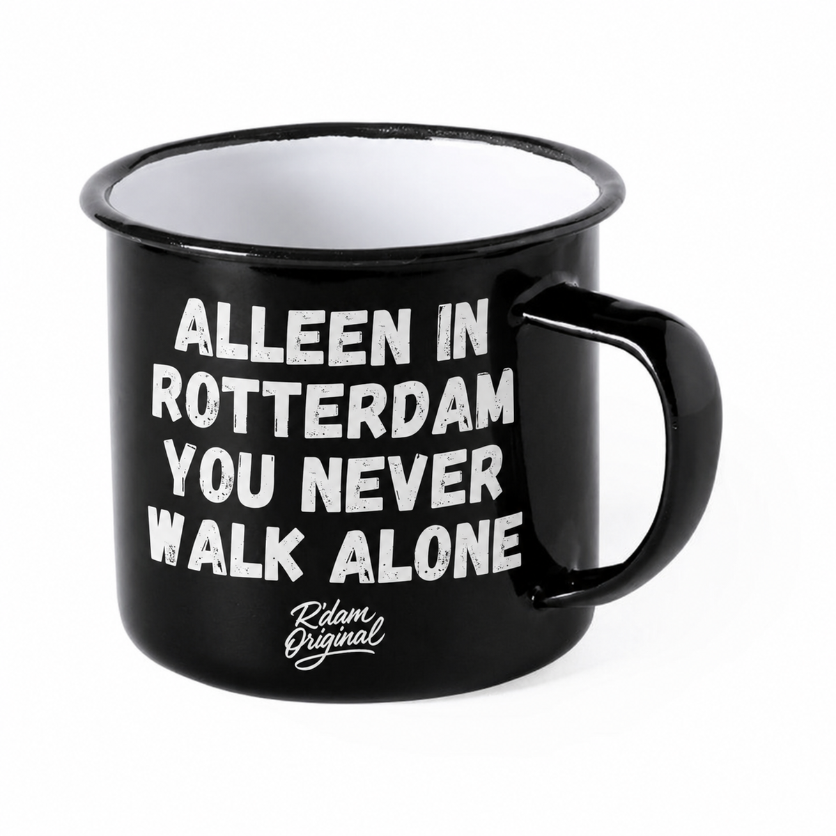 Zwarte R’dam ORIGINAL mok met witte tekst Alleen In Rotterdam You Never Walk Alone