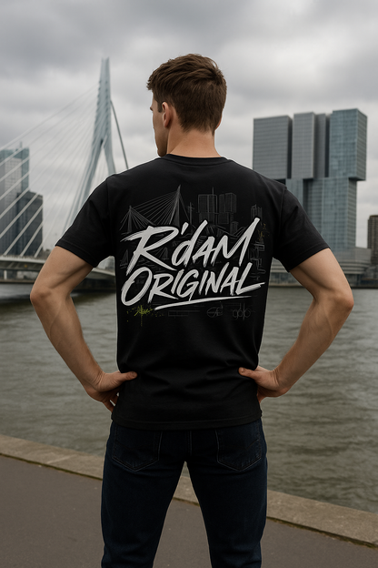 R’dam Original T-shirt met graffiti logo en Rotterdam skyline op de rug, zwart shirt met witte print, 200 g katoen
