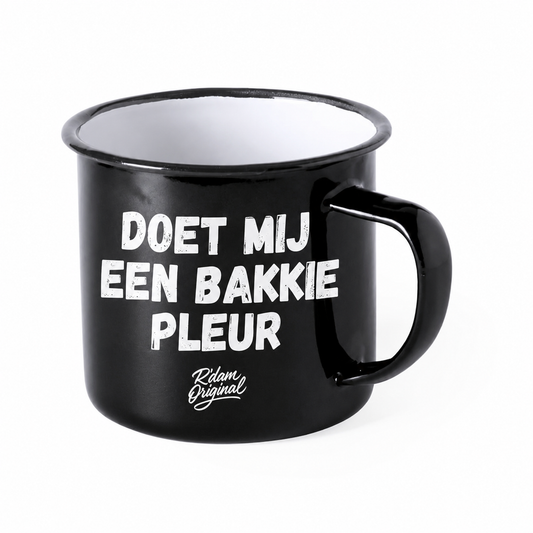 Zwarte R’dam ORIGINAL mok met witte tekst Doet Mij Een Bakkie Pleur