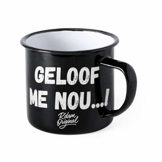 Zwarte R’dam ORIGINAL mok met witte tekst Geloof Me Nou...!