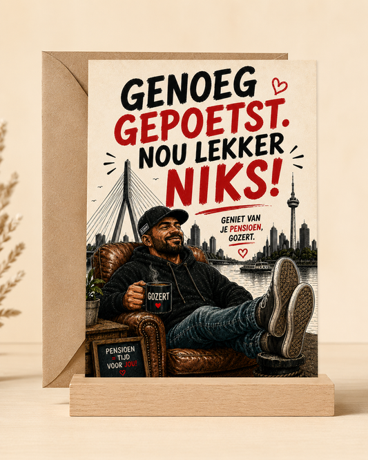 Mockup Genoeg gepoetst nou lekker niks Gozert Club pensioenkaart