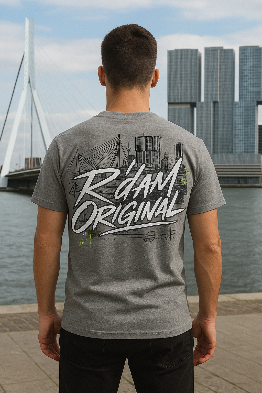 R’dam Original T-shirt met graffiti logo en Rotterdam skyline op de rug, zwart shirt met witte print, 200 g katoen