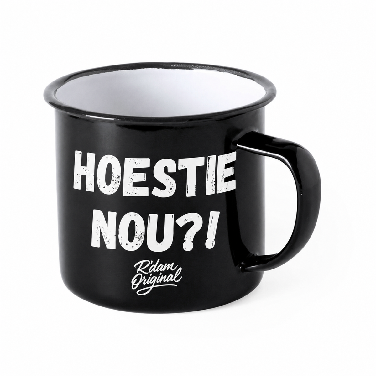 Zwarte R’dam ORIGINAL mok met witte tekst Hoestie Nou?!