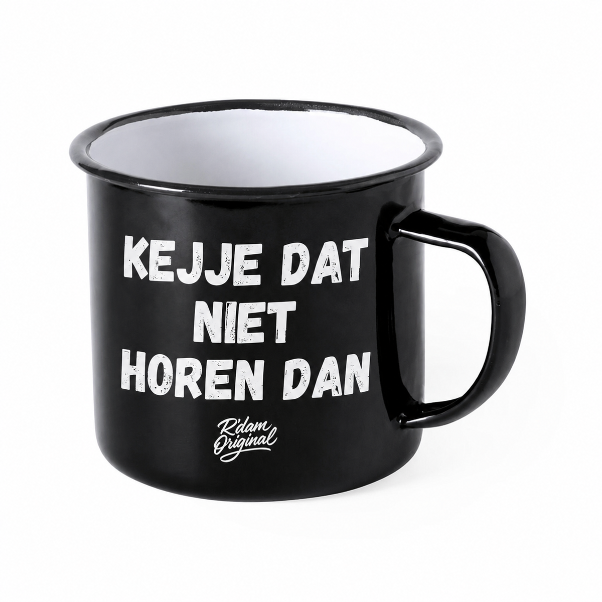 Zwarte R’dam ORIGINAL mok met witte tekst Kejje Dat Niet Horen Dan