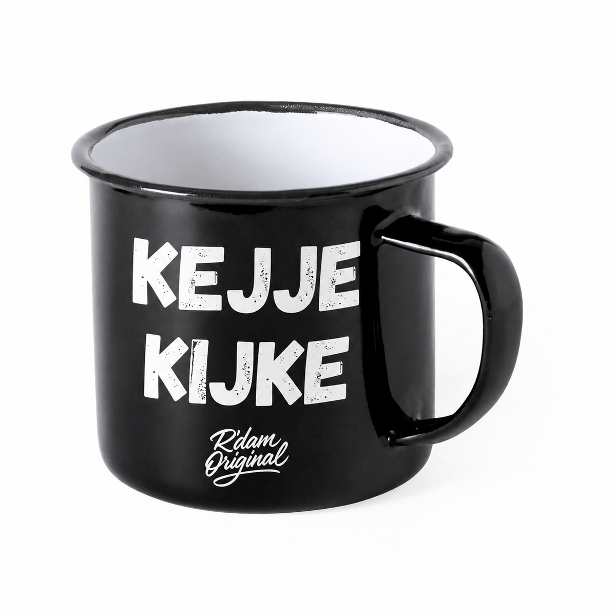 Zwarte R’dam ORIGINAL mok met witte tekst Kejje Kijke