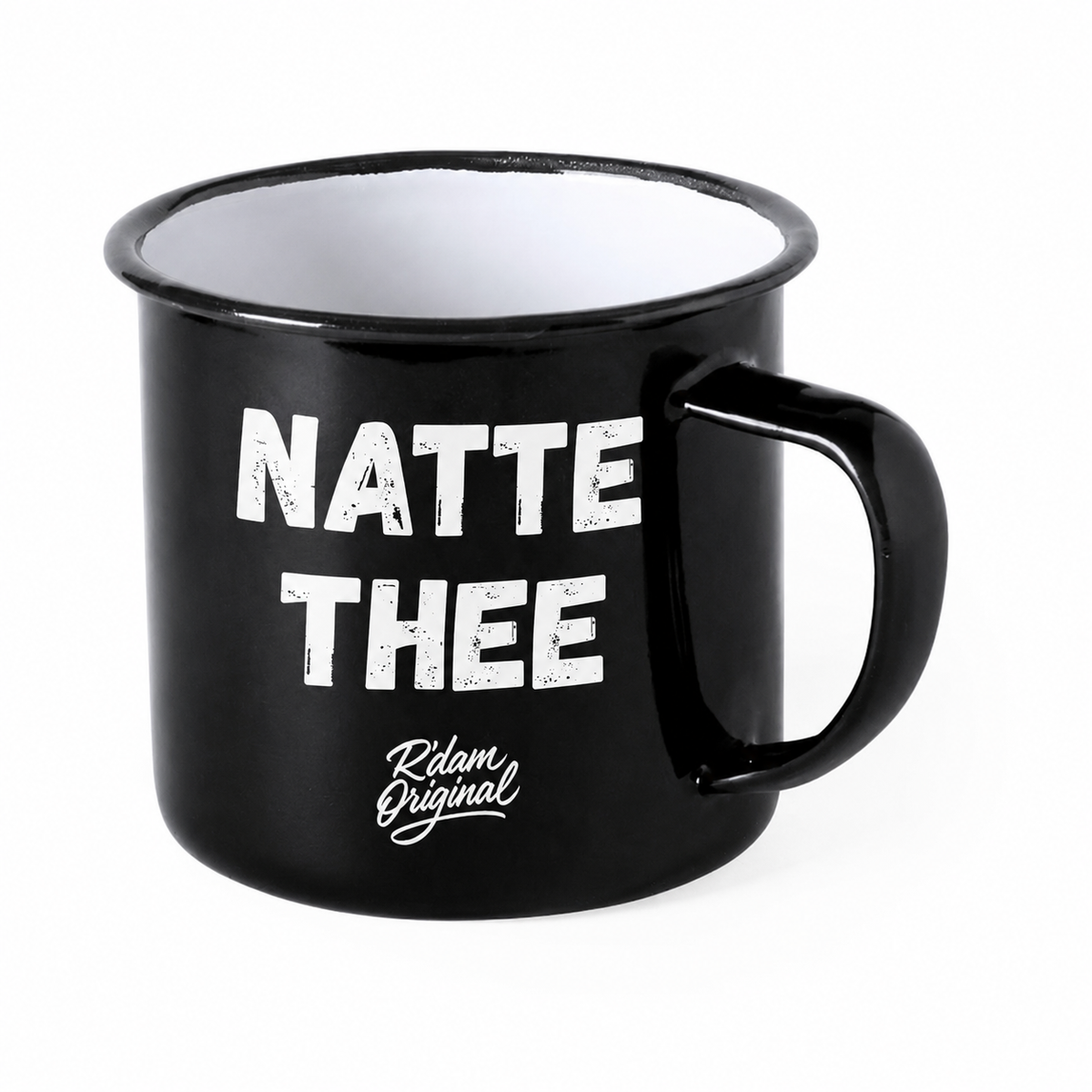 Zwarte R’dam ORIGINAL mok met witte tekst Natte Thee