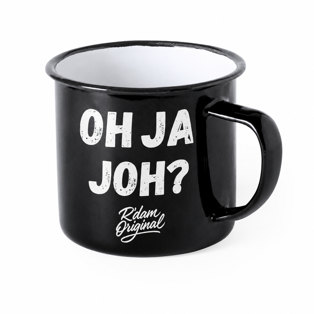 Zwarte R’dam ORIGINAL mok met witte tekst Oh Ja Joh?