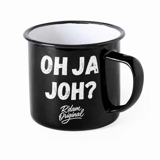 Zwarte R’dam ORIGINAL mok met witte tekst Oh Ja Joh?