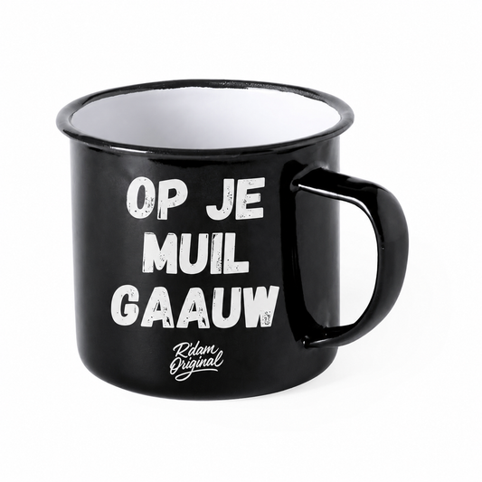 Zwarte R’dam ORIGINAL mok met witte tekst Op Je Muil Gaauw