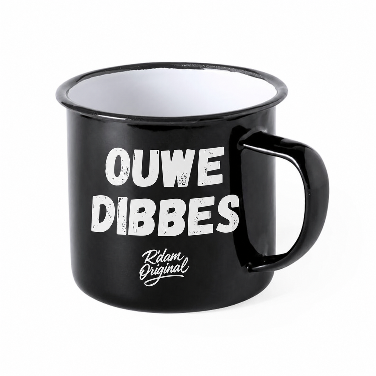 Zwarte R’dam ORIGINAL mok met witte tekst Ouwe Dibbes