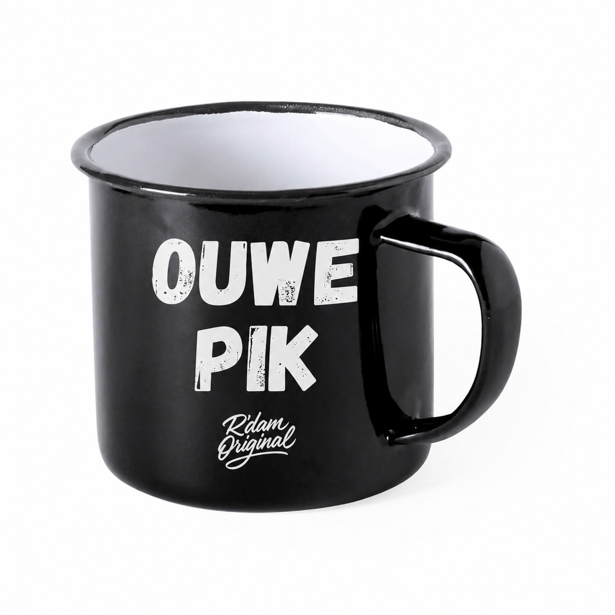 Zwarte R’dam ORIGINAL mok met witte tekst Ouwe Pik