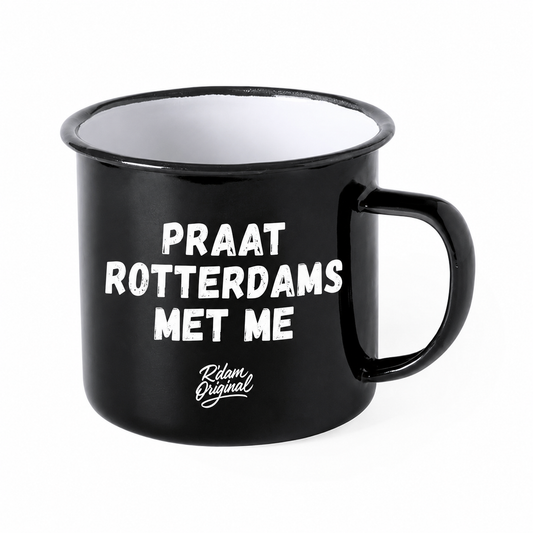 Zwarte R’dam ORIGINAL mok met witte tekst Praat Rotterdams Met Me