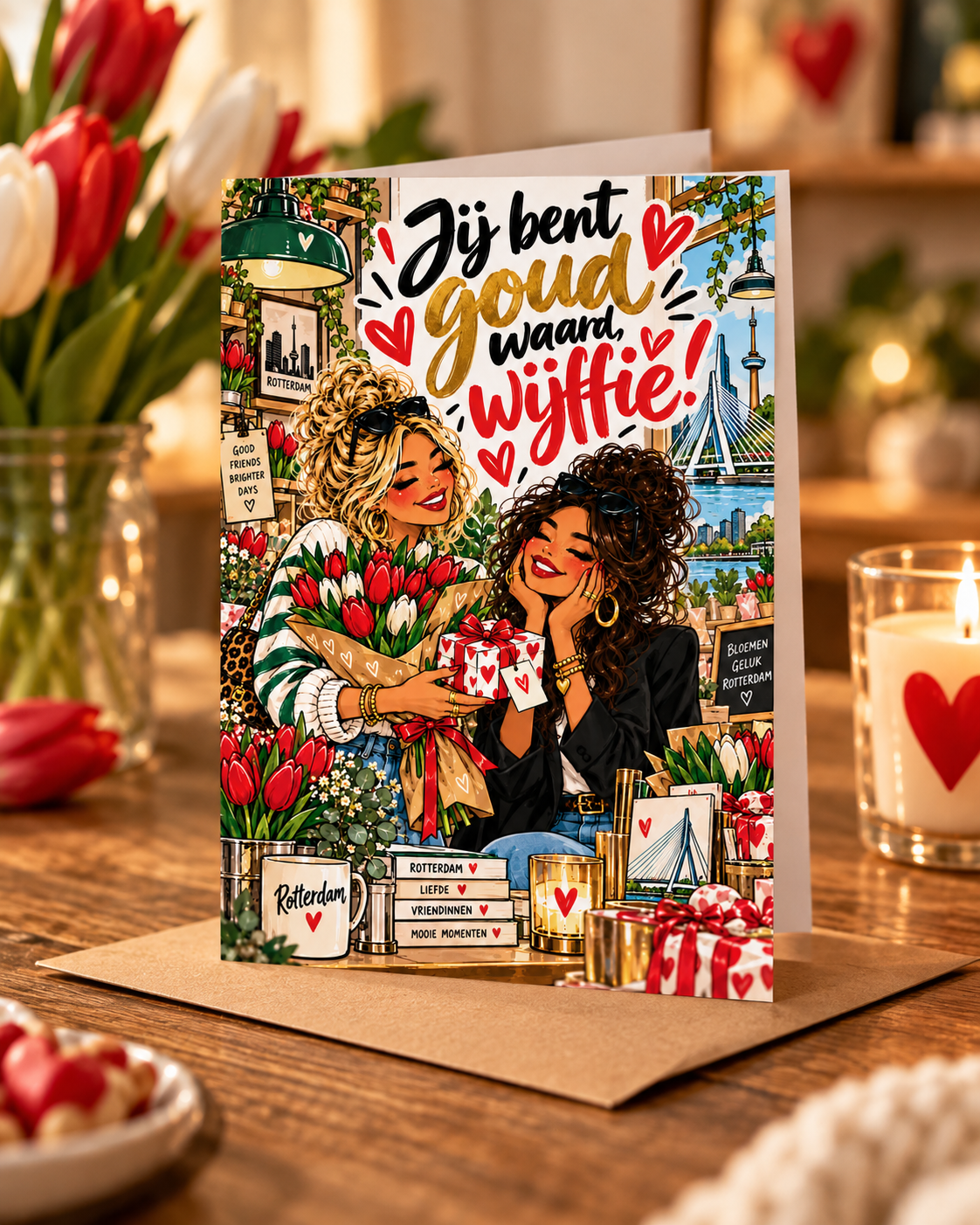 R'dam ORIGINAL 010 Wijffies Club – Jij bent goud waard, wijffie! – staande A6-wenskaart mock-up met kraft envelop