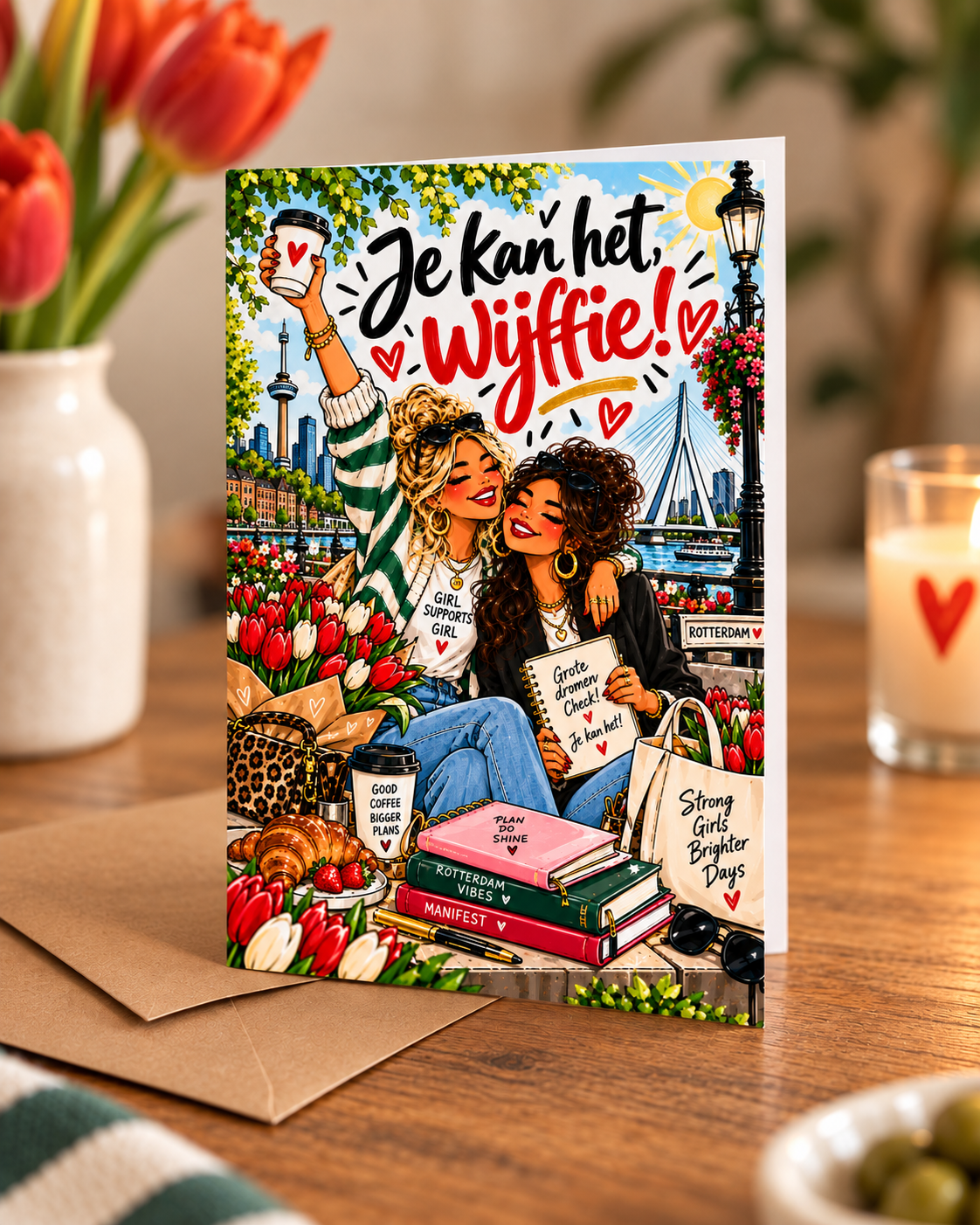 R'dam ORIGINAL 010 Wijffies Club – Je kan het, wijffie! – staande A6-wenskaart mock-up met kraft envelop