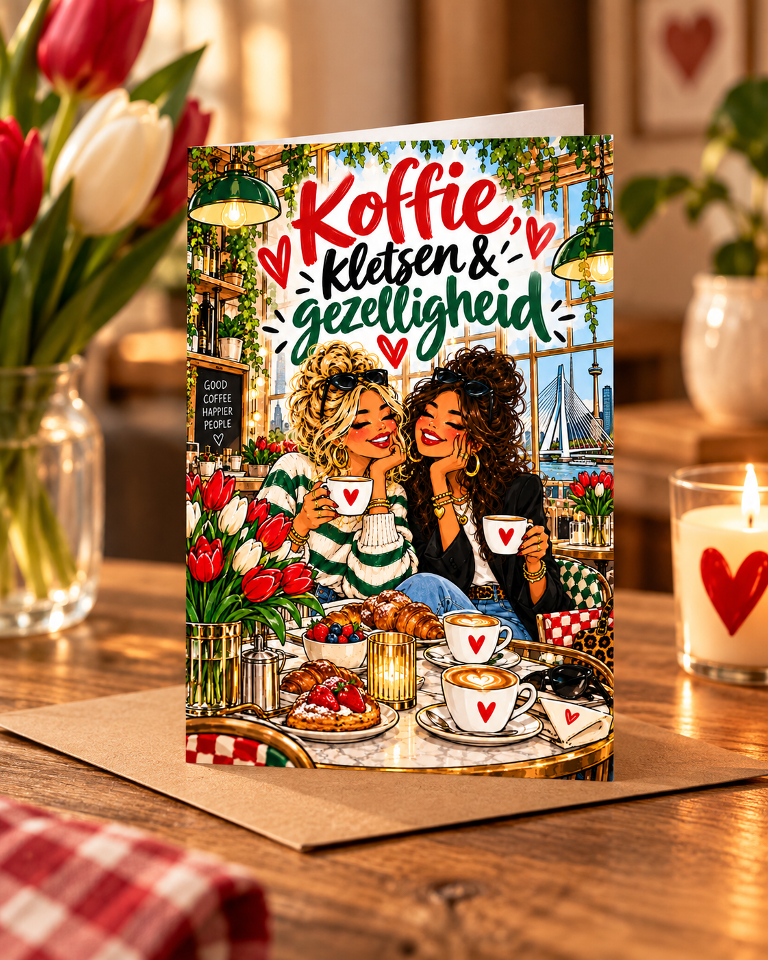 R'dam ORIGINAL 010 Wijffies Club – Koffie, kletsen & gezelligheid – staande A6-wenskaart mock-up met kraft envelop