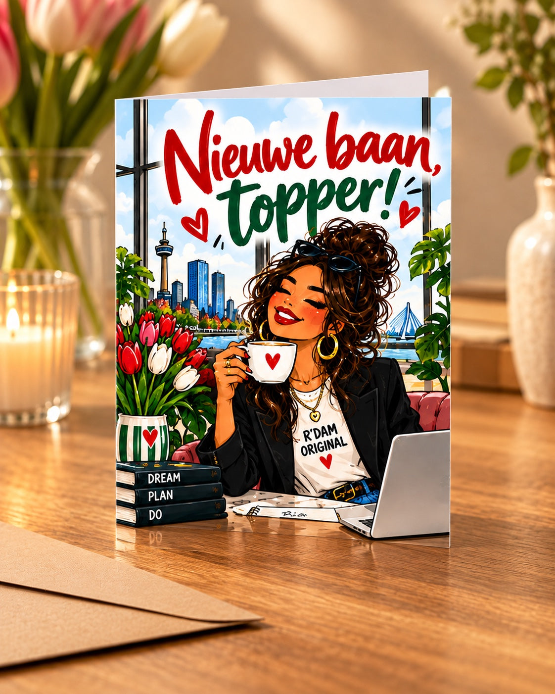 010 Wijffies Club Nieuwe baan, topper! – A6 staande dubbele wenskaart, mock-up op houten tafel