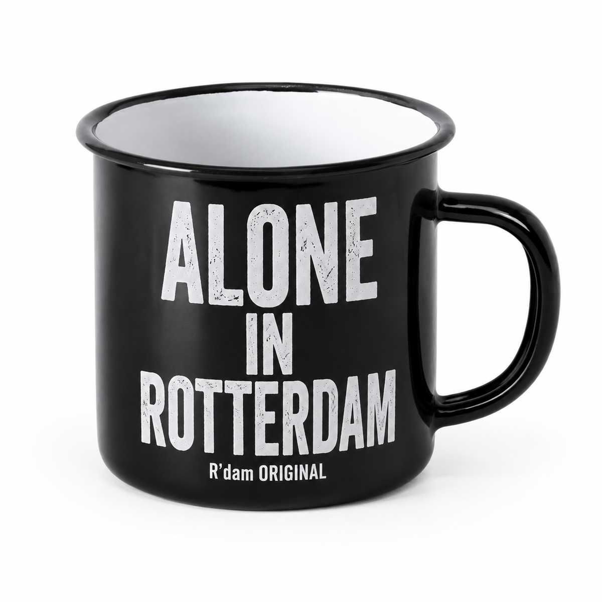 Zwarte R’dam ORIGINAL mok met witte tekst Alone In Rotterdam