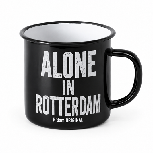 Zwarte R’dam ORIGINAL mok met witte tekst Alone In Rotterdam