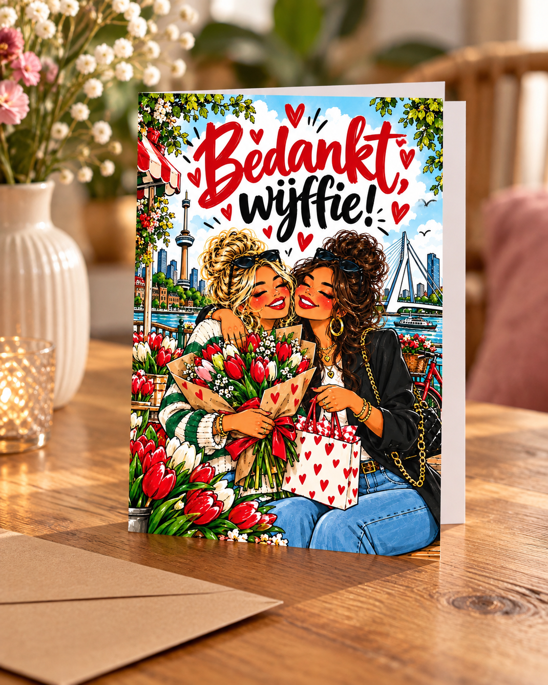 Bedankt, wijffie! – staande A6-wenskaart mock-up op houten tafel