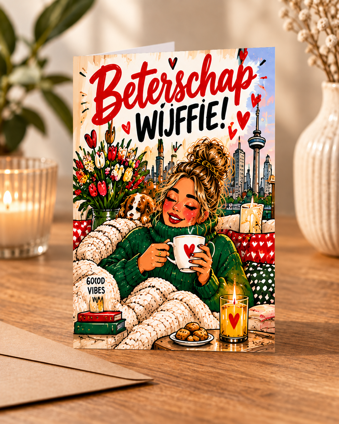 Staande A6-wenskaart Beterschap, wijffie! uit 010 Wijffies Club op sfeervolle productmock-up