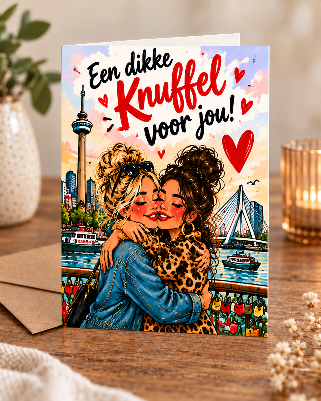 Staande A6-wenskaart Een dikke knuffel voor jou uit 010 Wijffies Club op sfeervolle productmock-up