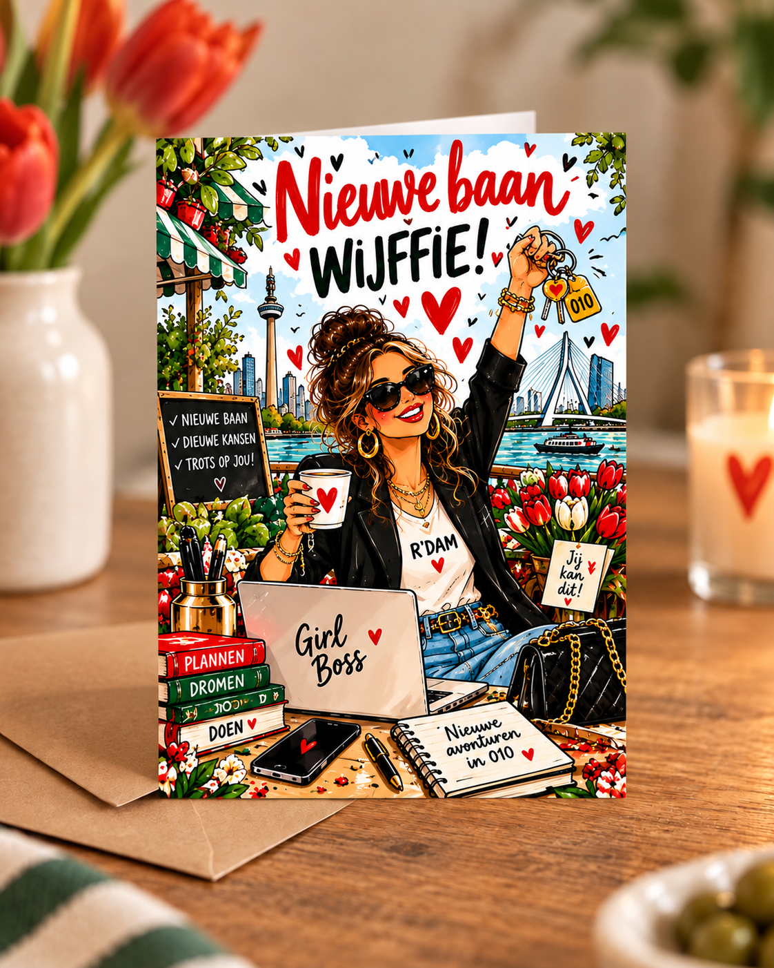 Staande A6-wenskaart Nieuwe baan, wijffie! uit 010 Wijffies Club op sfeervolle productmock-up