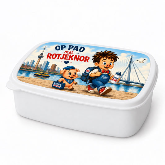 Witte Rotjeknor broodtrommel met Op pad met Rotjeknor ontwerp