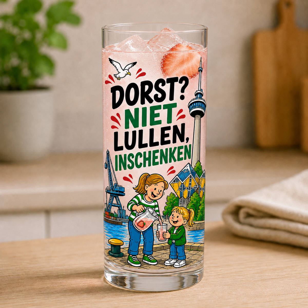 Thuis is 010 longdrinkglas Dorst niet lullen inschenken met Rotterdamse illustratie