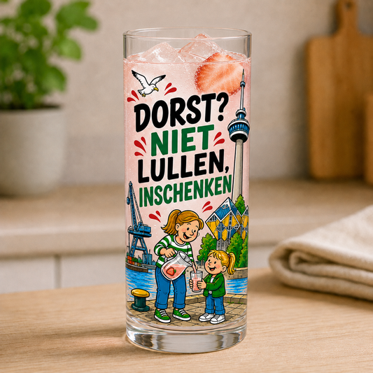 Thuis is 010 longdrinkglas Dorst niet lullen inschenken met Rotterdamse illustratie