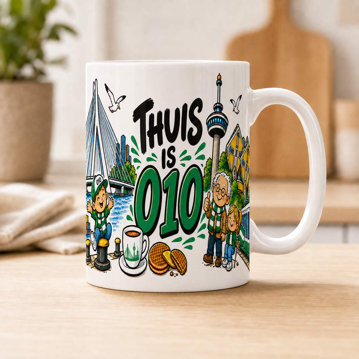Witte 11 oz mok Thuis is 010 van R'dam ORIGINAL