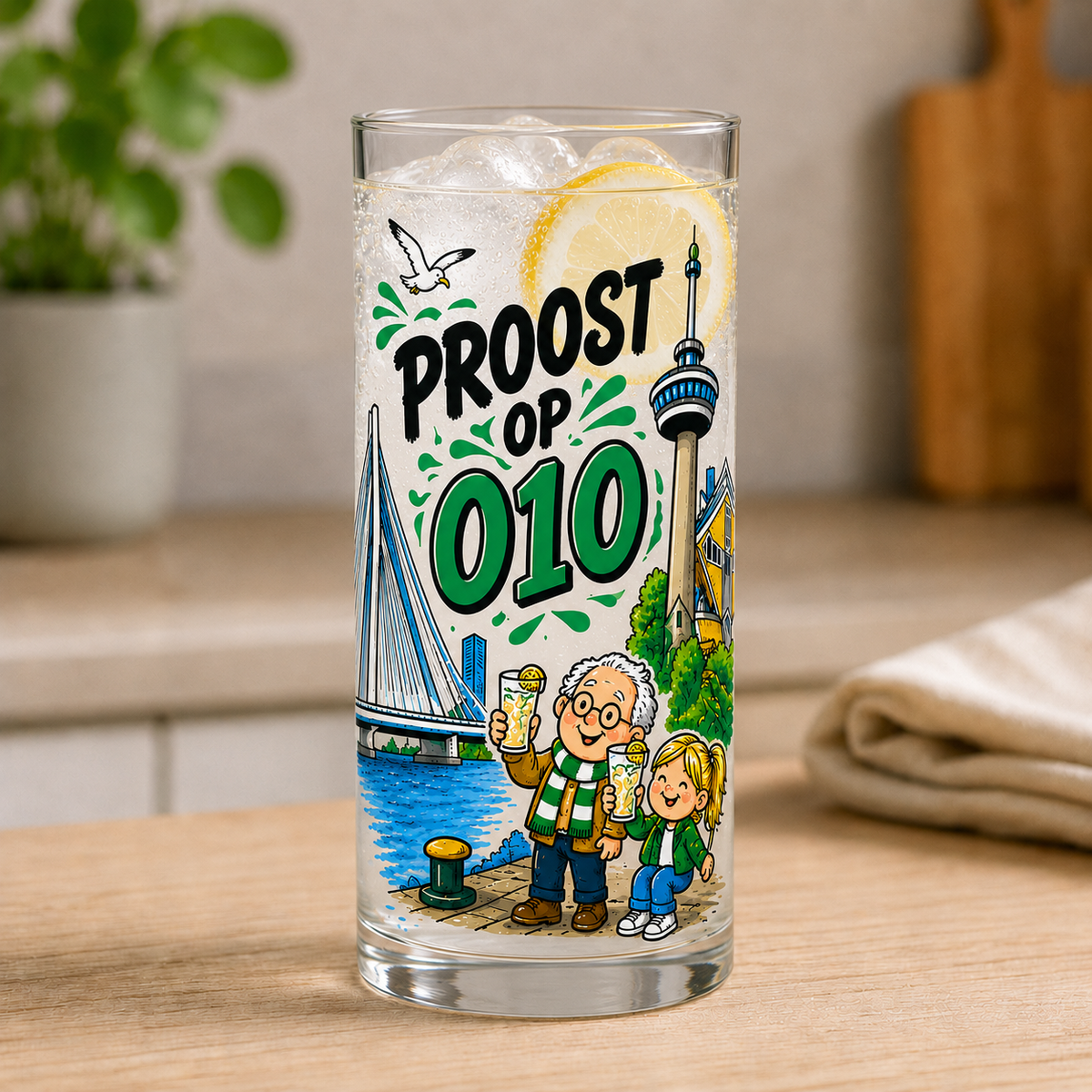 Thuis is 010 longdrinkglas Proost op 010 met Rotterdamse illustratie