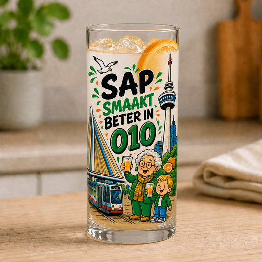 Thuis is 010 longdrinkglas Sap smaakt beter in 010 met Rotterdamse illustratie