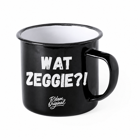 Zwarte R’dam ORIGINAL mok met witte tekst Wat Zeggie?!
