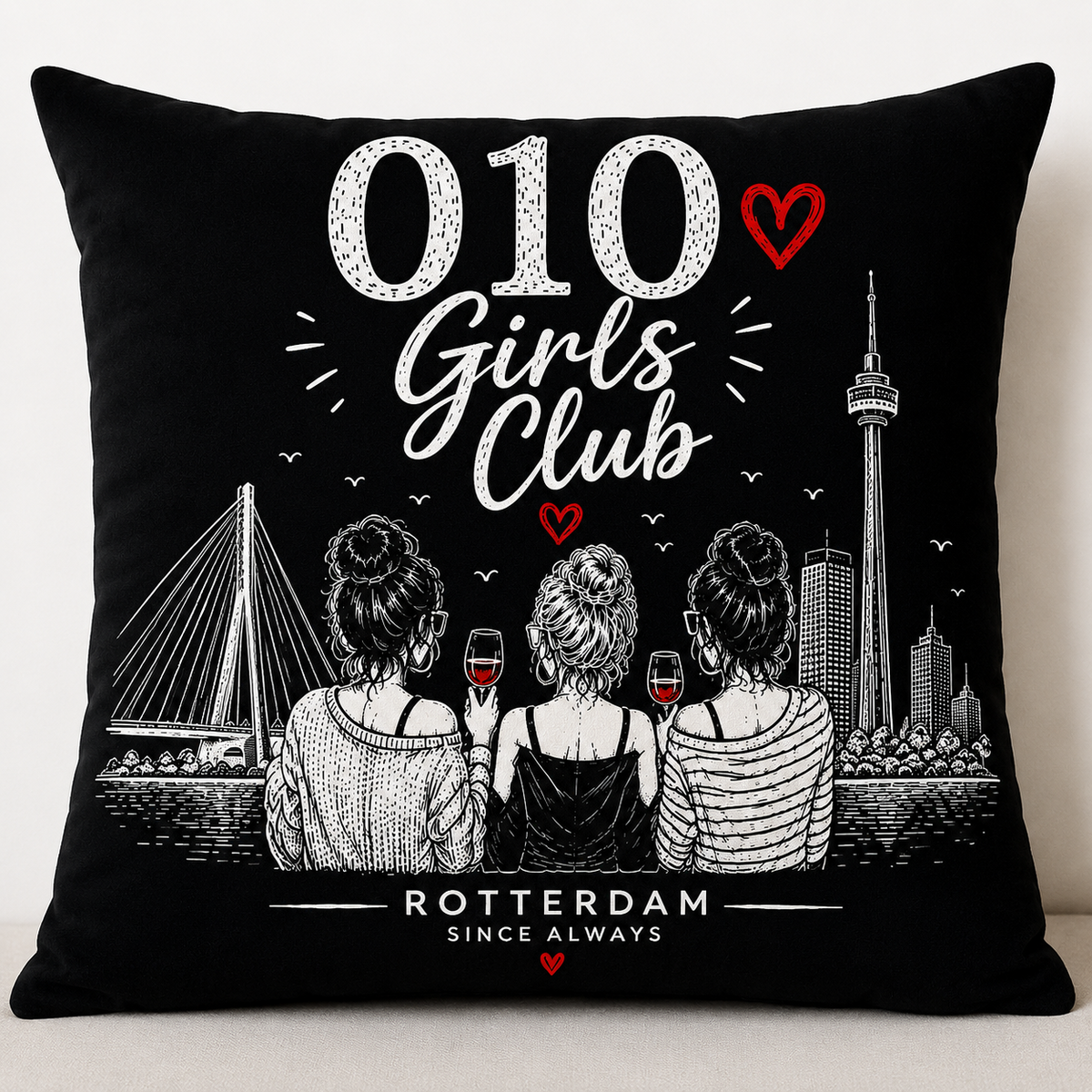 Wijffies Club kussen 010 Girls Club – Zwart, katoen 50x50 cm inclusief vulling