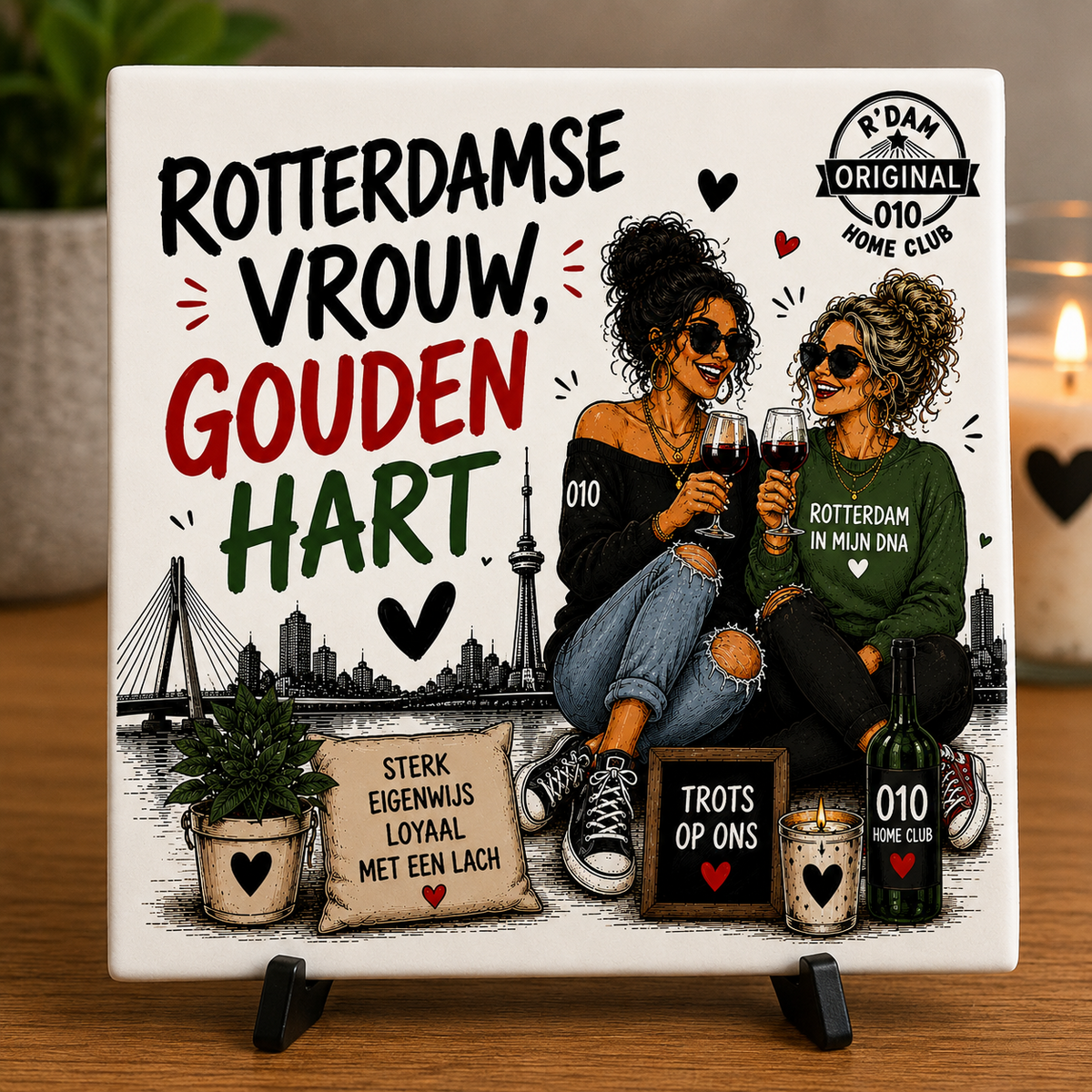 Wijffies Club tegeltje – Rotterdamse vrouw, gouden hart – Trots op ons